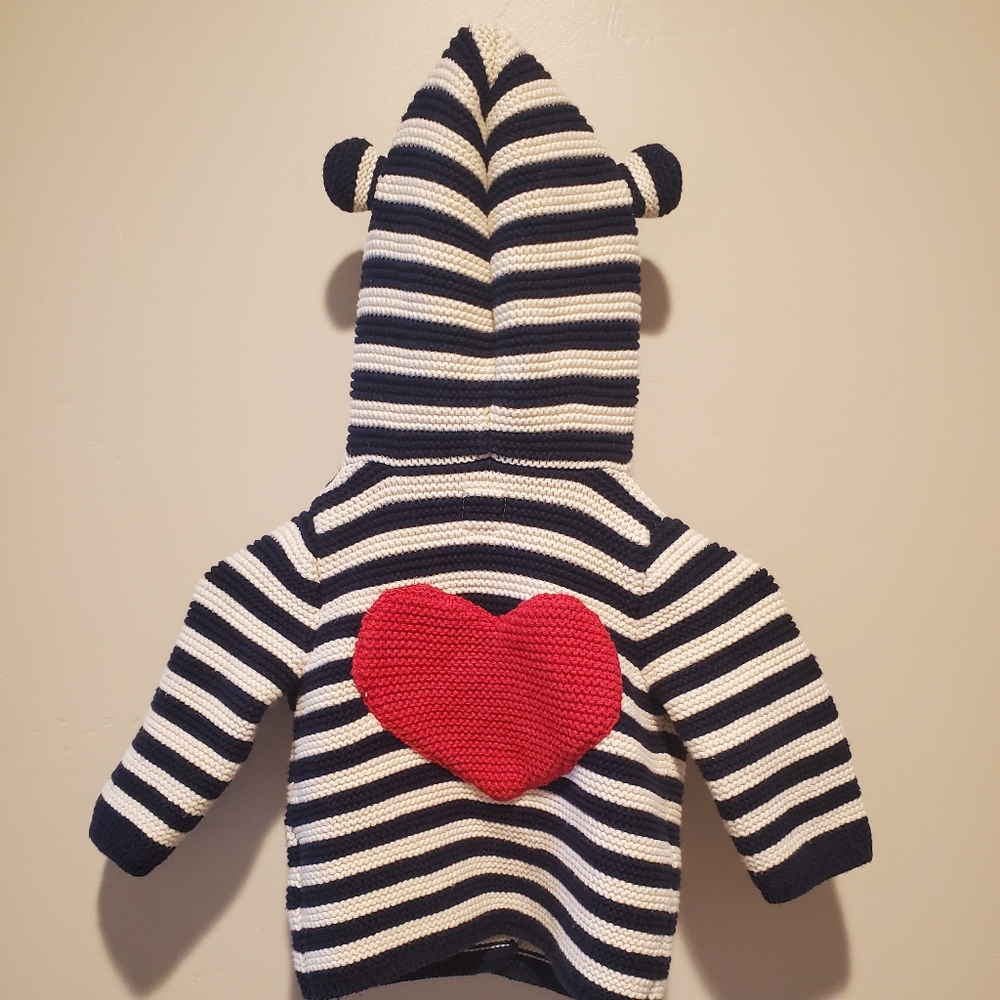 Baby Gap Knit Striped Button Up Sweater with Heart and Bear Hood (0-3M)